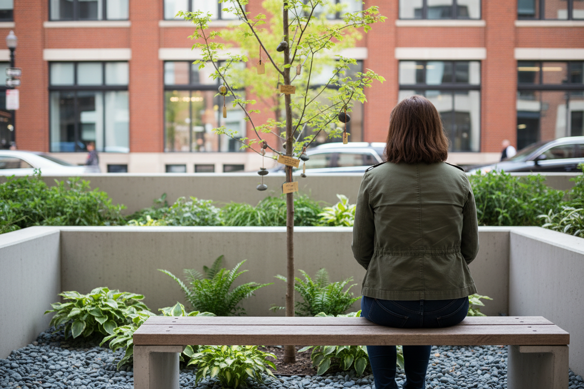 Woman sitting on bench looking at tree in urban garden