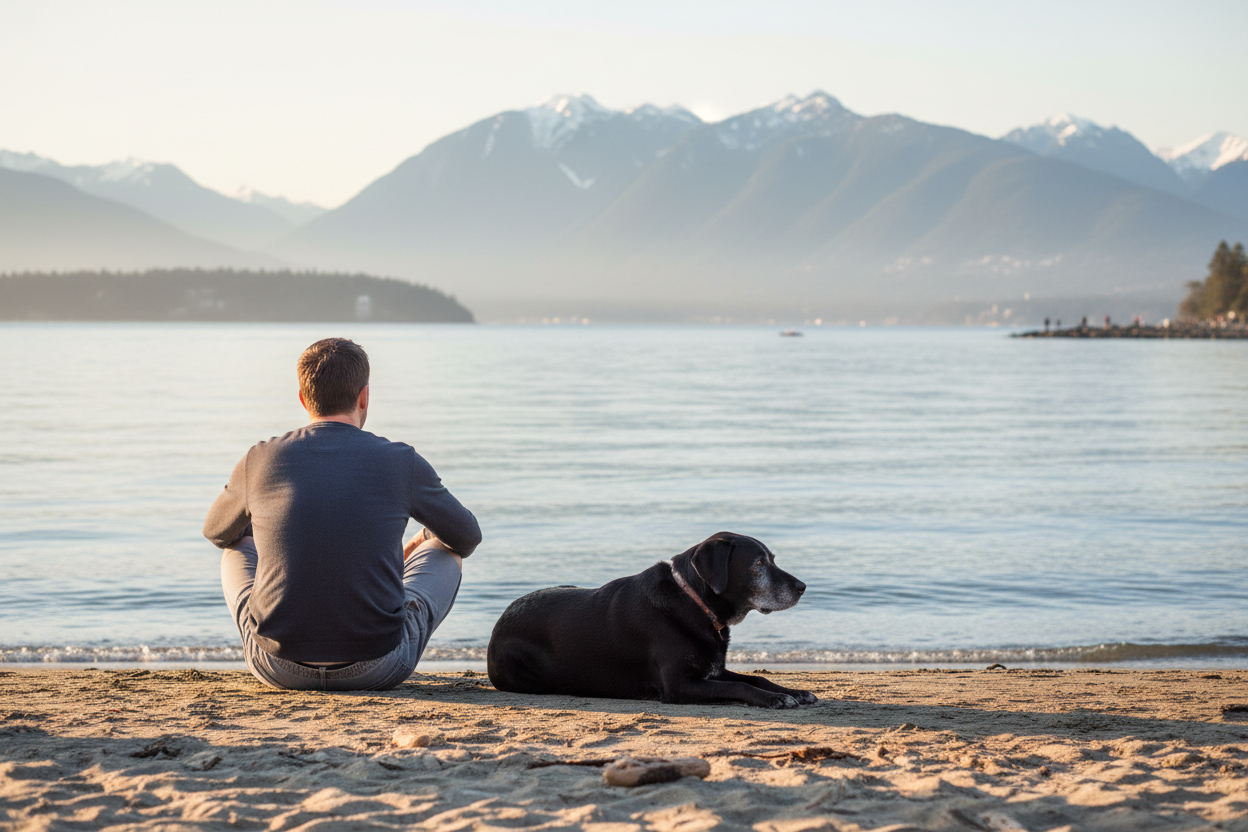 Man with older black lab on Kitsilano Beach