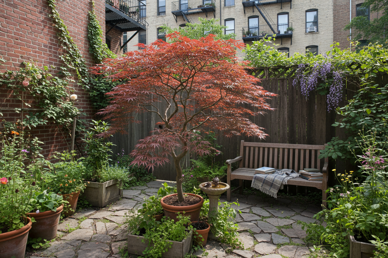 Small Japanese maple in casual urban garden